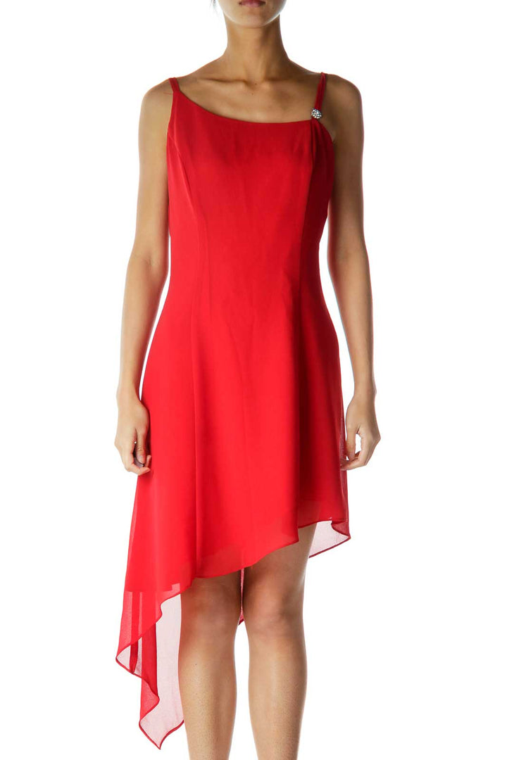 Red Spaghetti Strap Asymmetric Cocktail Dress