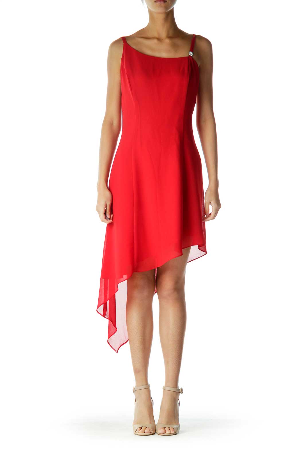 Red Spaghetti Strap Asymmetric Cocktail Dress