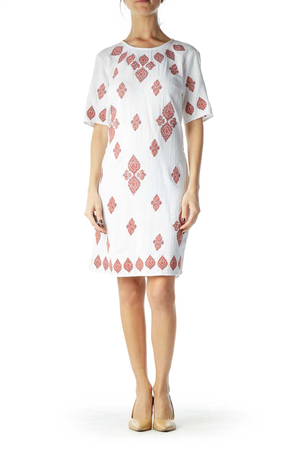 White Red Embroidered Cotton Dress