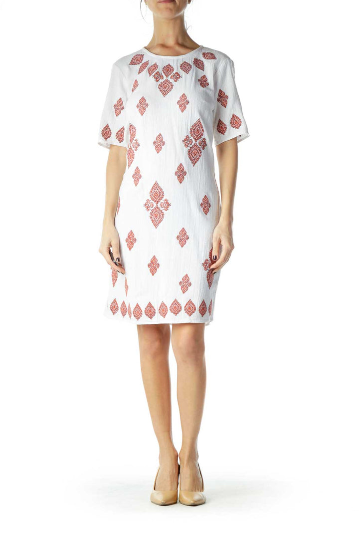 White Red Embroidered Cotton Dress