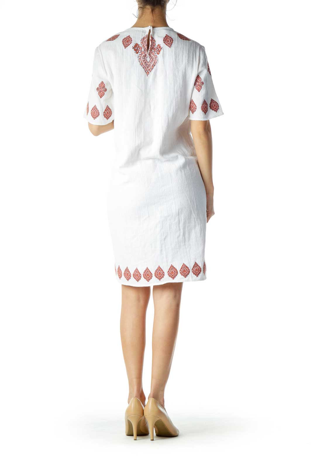 White Red Embroidered Cotton Dress