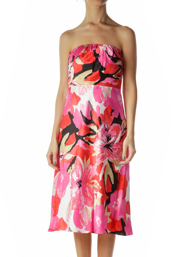 Pink Red Floral Print Silk Dress