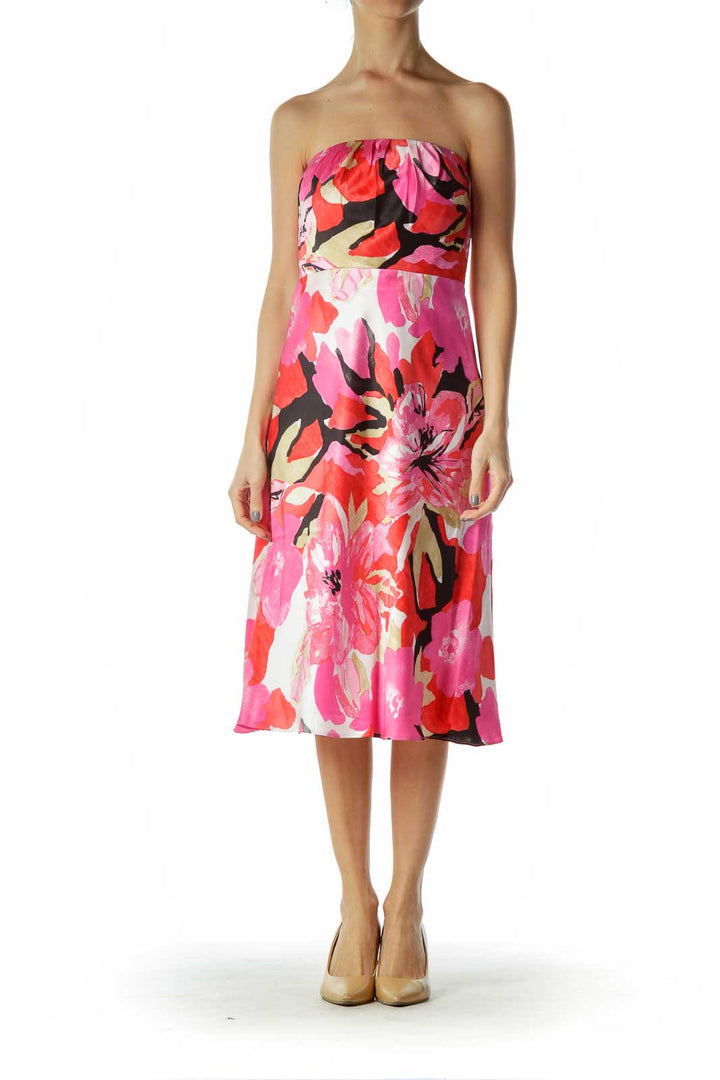 Pink Red Floral Print Silk Dress