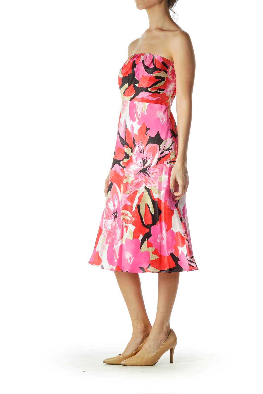 Pink Red Floral Print Silk Dress