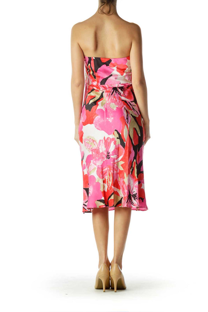 Pink Red Floral Print Silk Dress