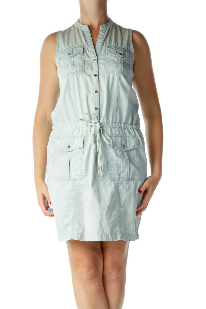 Blue Denim Sleeveless Shirt Dress