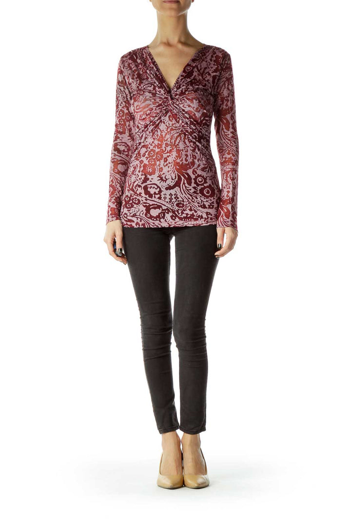 Red Sheer Printed Long Sleeve top