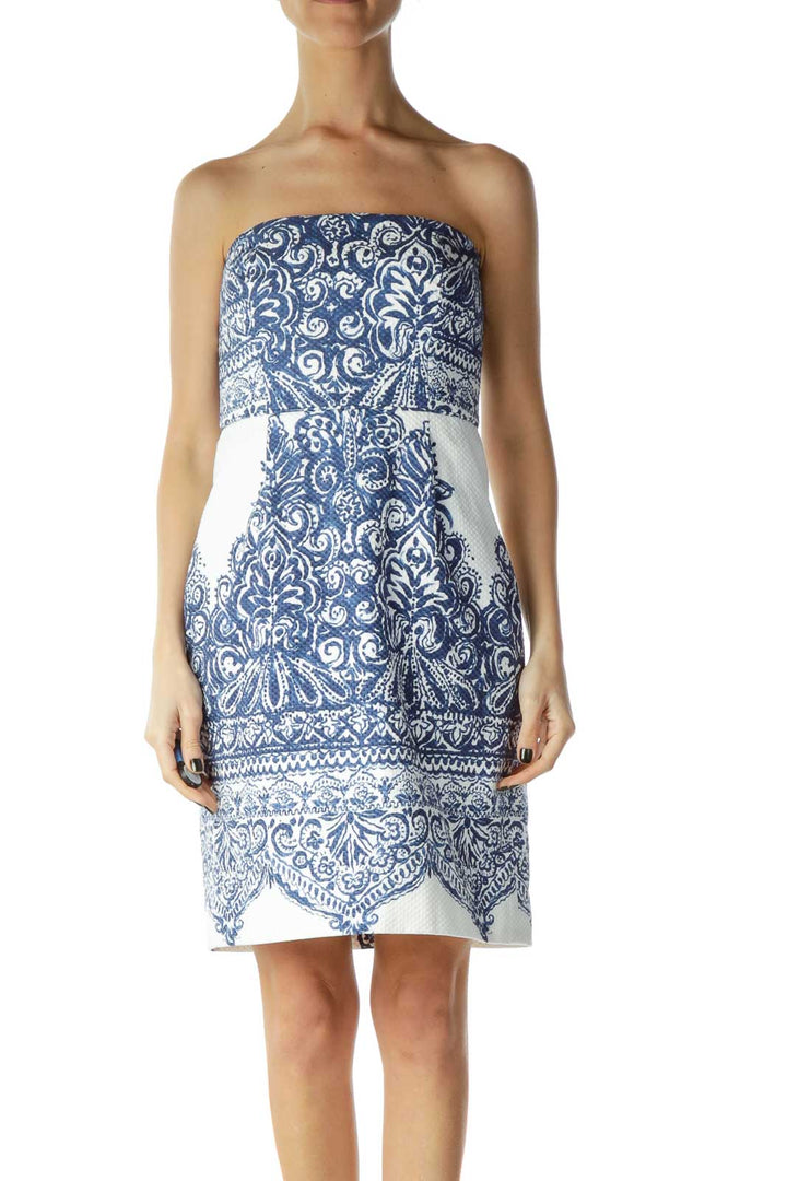 Blue White Print Strapless Dress