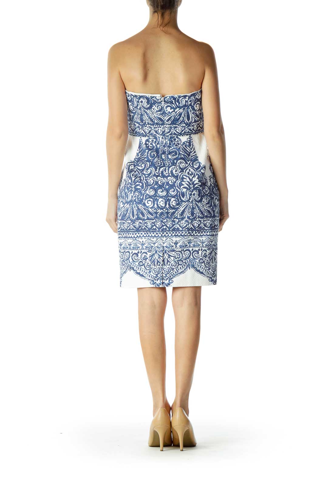 Blue White Print Strapless Dress