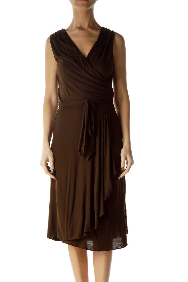 Brown Wrap Ruched A-Line Dress