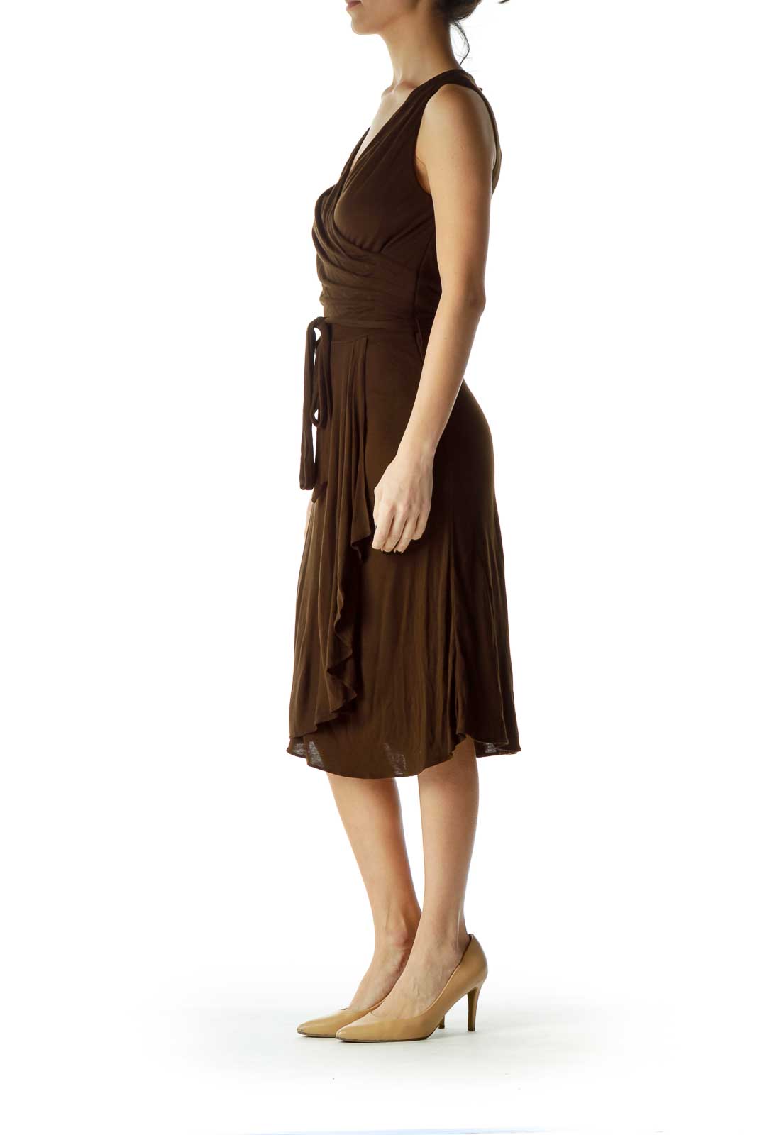 Brown Wrap Ruched A-Line Dress