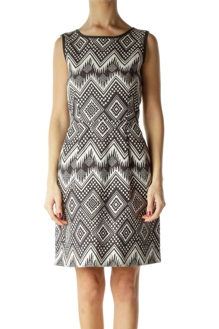 Black Beige Tribal Print Empire Waist Dress