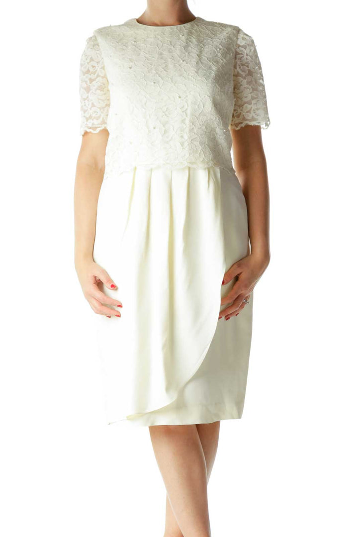 Cream Lace Upper Short-Sleeve Day Dress