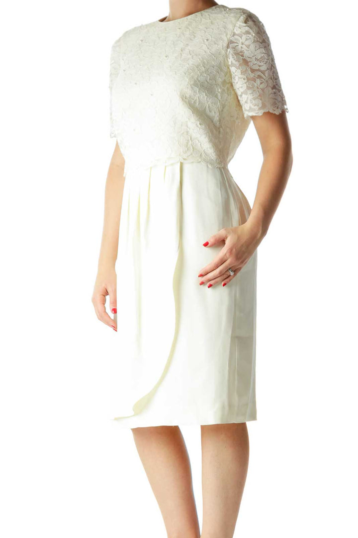 Cream Lace Upper Short-Sleeve Day Dress