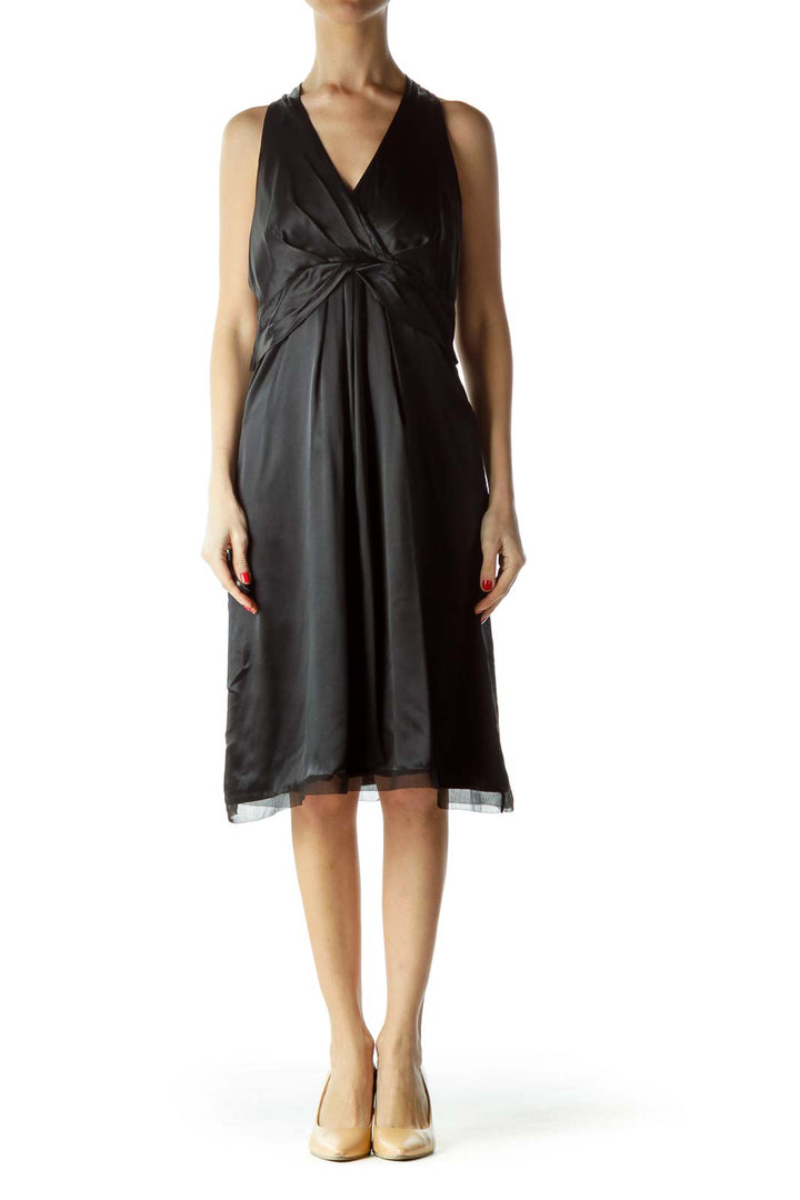 Black Halter Neck Pleated Front Cocktail Dress