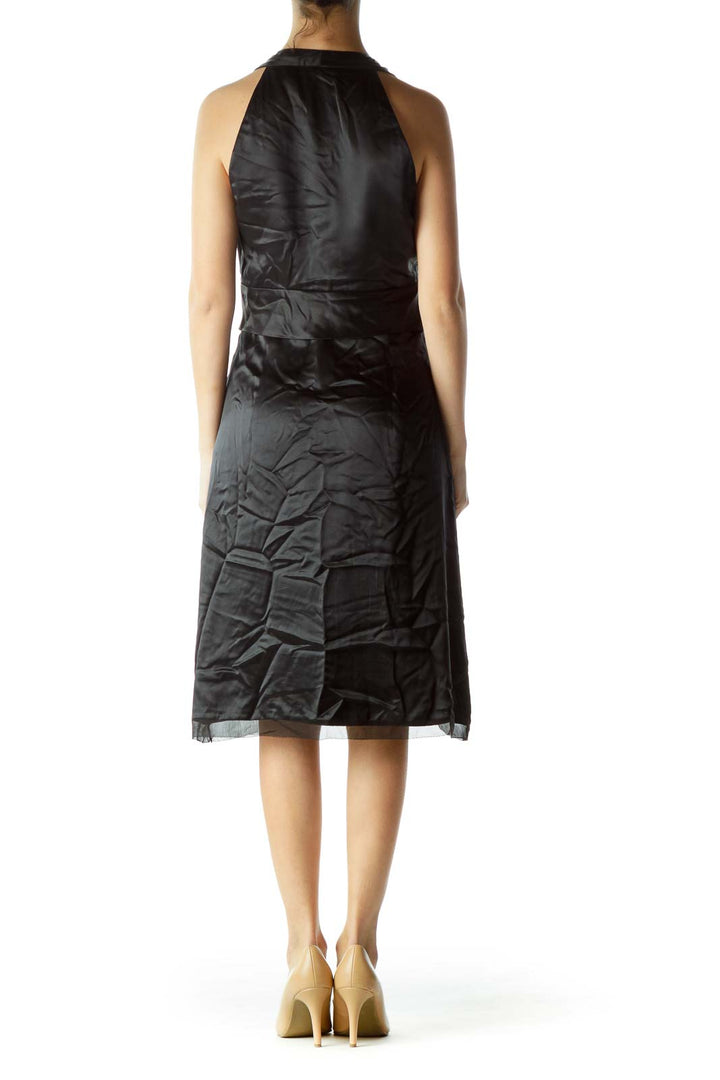 Black Halter Neck Pleated Front Cocktail Dress