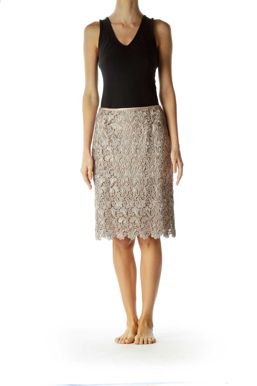 Gold Lace Scalloped Pencil Skirt