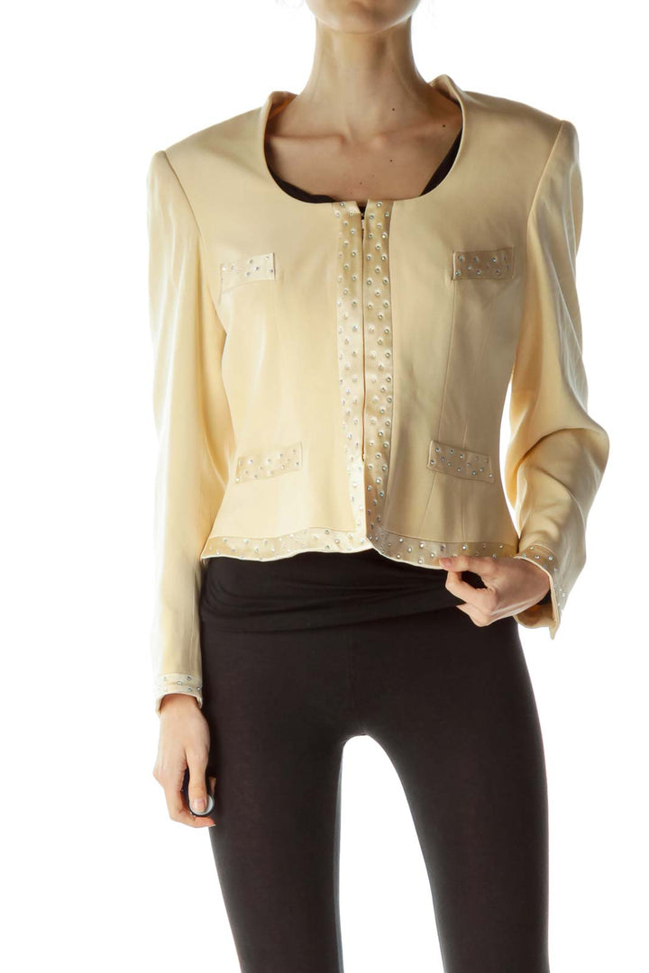 Beige Embellished Round Neck Blazer