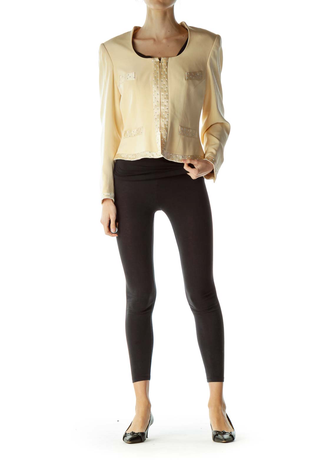 Beige Embellished Round Neck Blazer