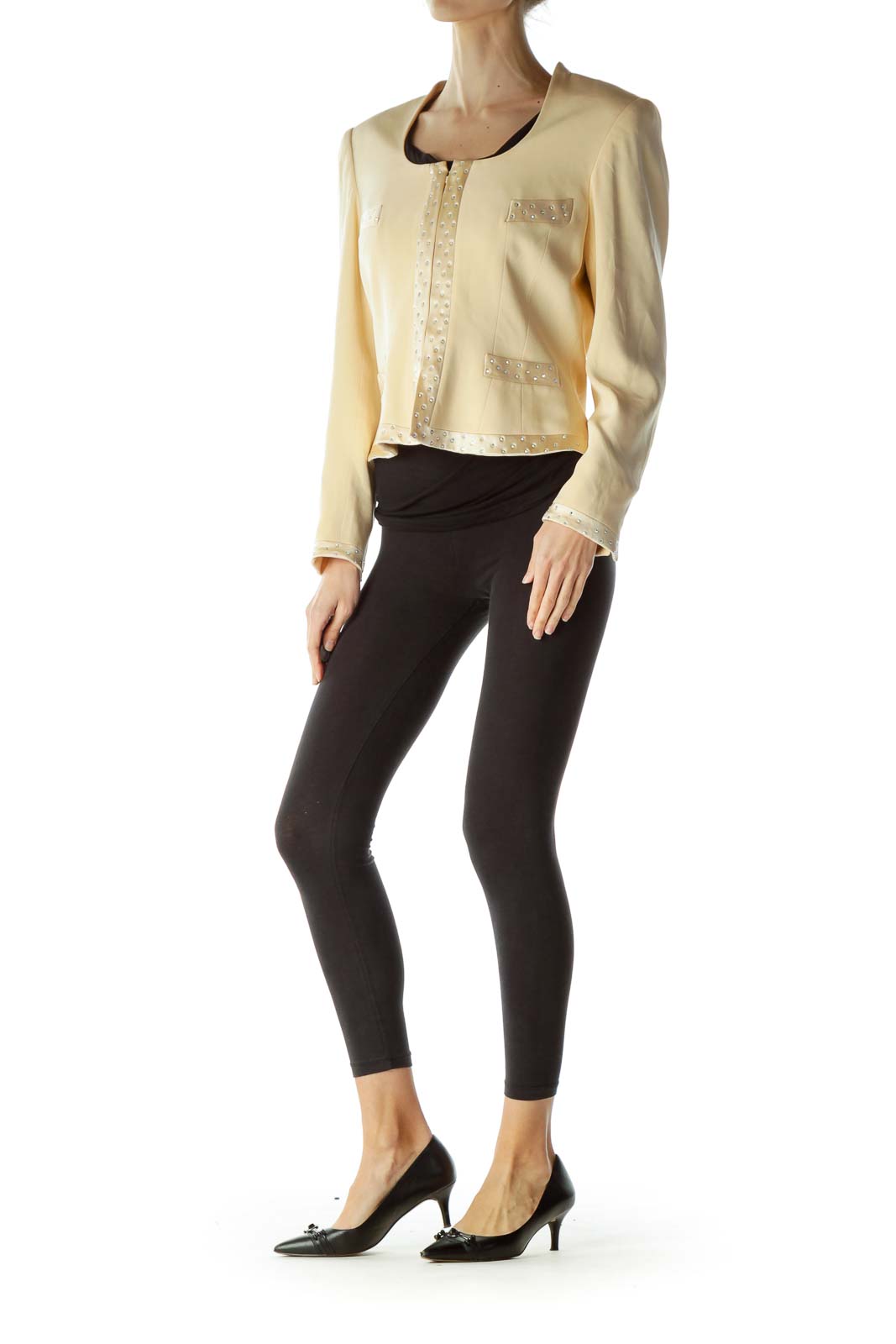 Beige Embellished Round Neck Blazer