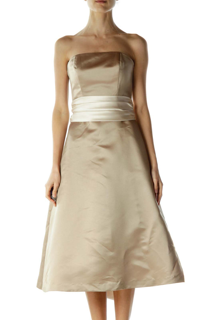 Beige Cream Ribbon Wrap Strapless Dress