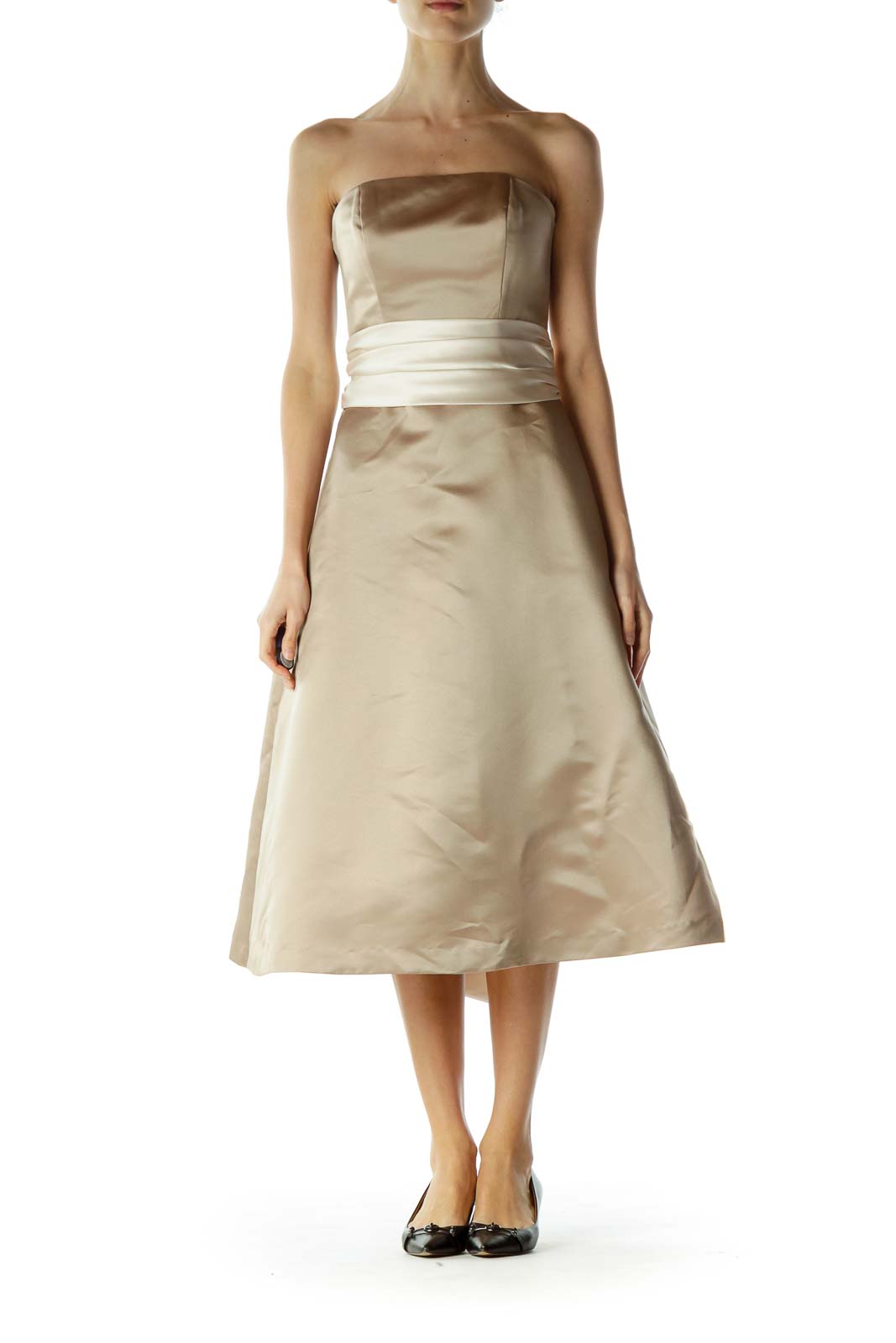 Beige Cream Ribbon Wrap Strapless Dress