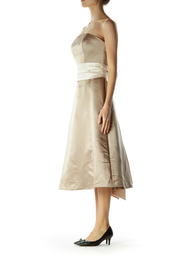 Beige Cream Ribbon Wrap Strapless Dress