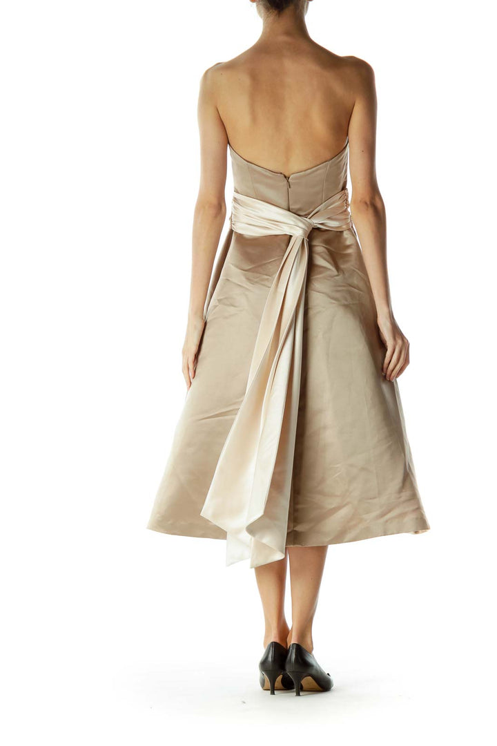 Beige Cream Ribbon Wrap Strapless Dress