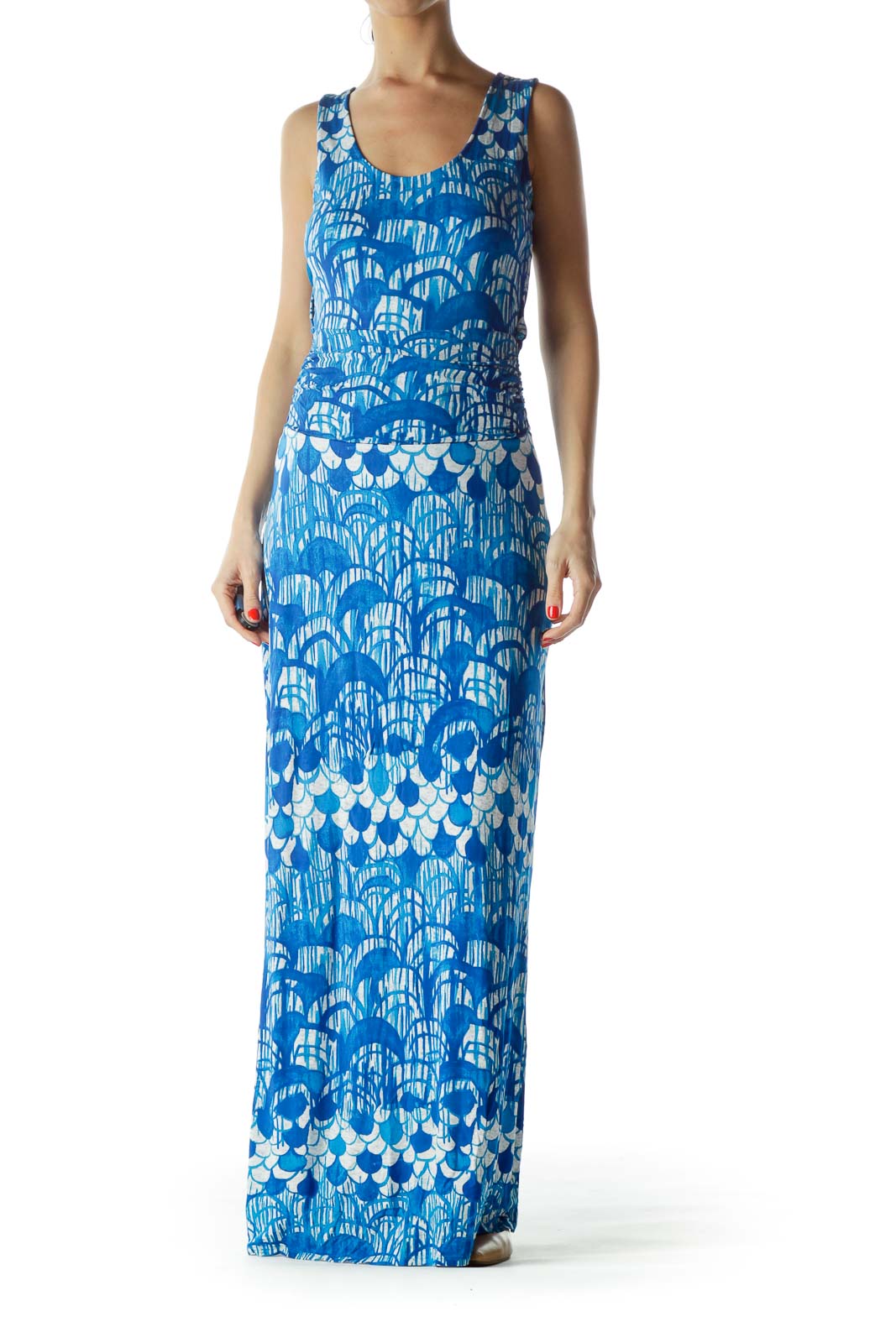 Front view of Tracy Reese blue floral print maxi dress