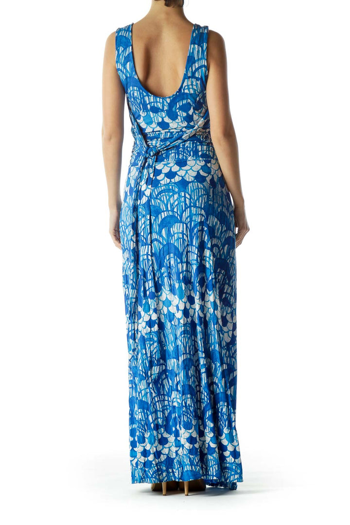 Back view of Tracy Reese blue floral print maxi dress with scoop back