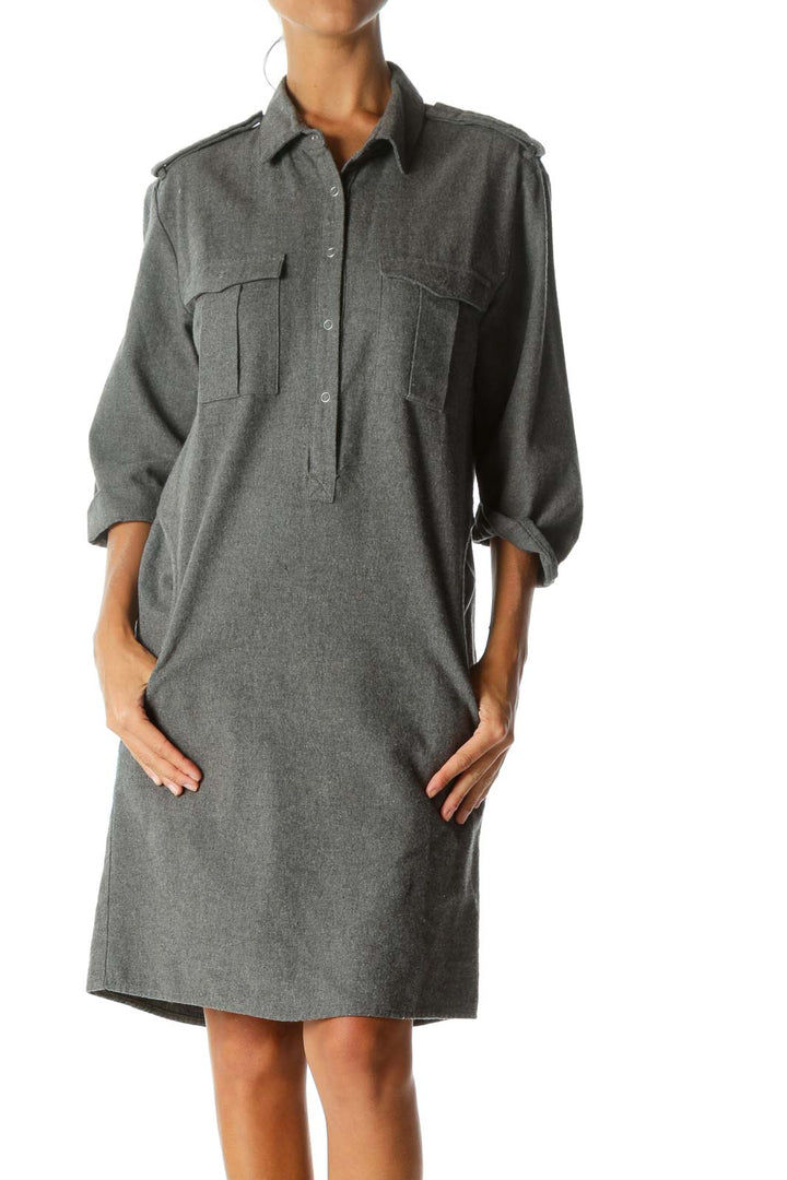 Gray Collared Pocketed Shirt Dress