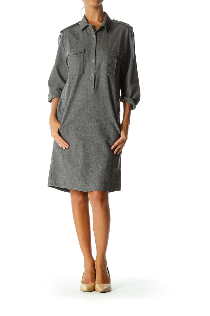 Gray Collared Pocketed Shirt Dress