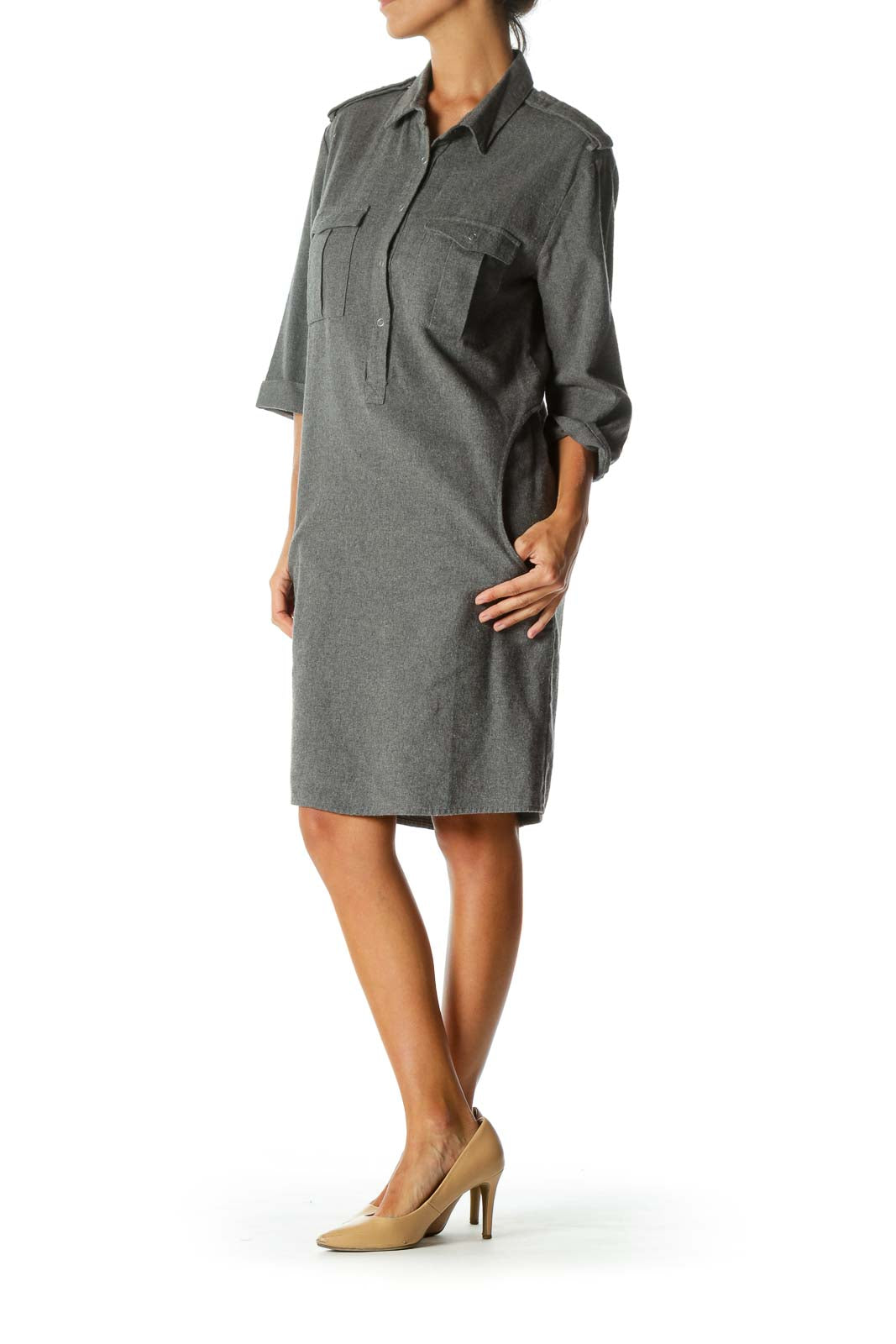 Gray Collared Pocketed Shirt Dress