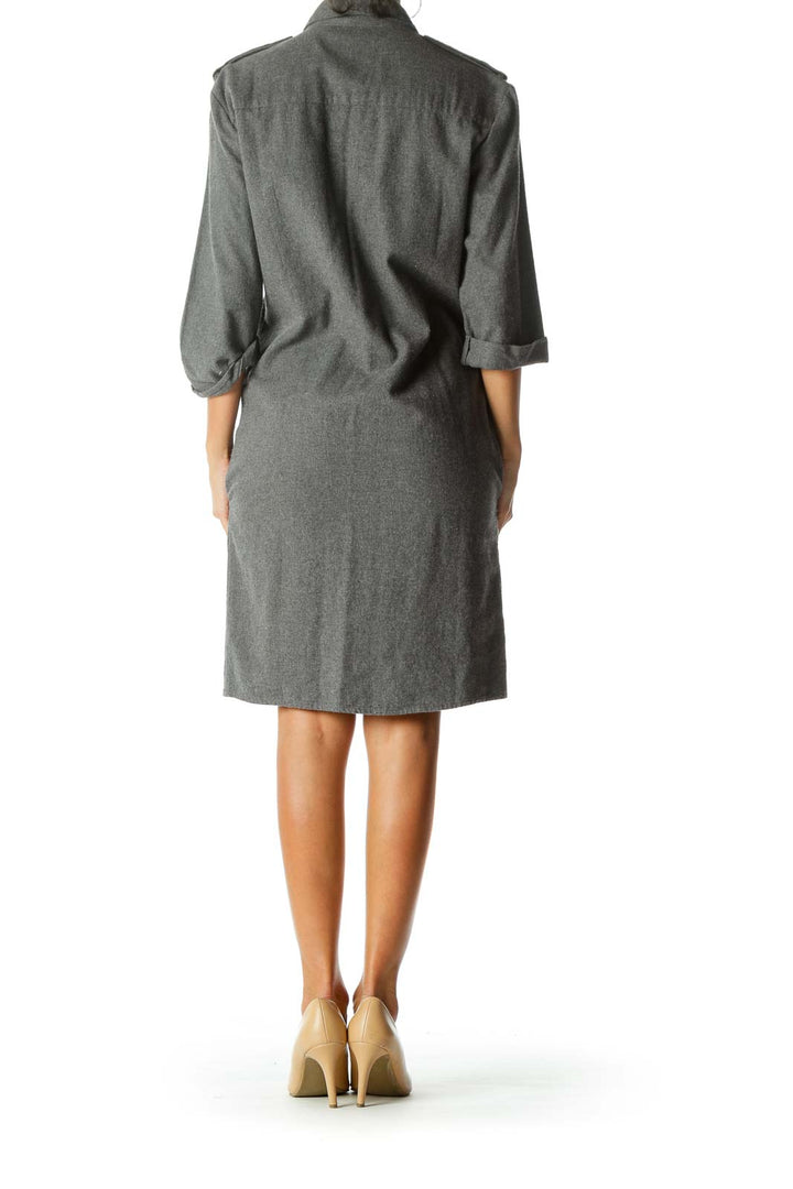 Gray Collared Pocketed Shirt Dress