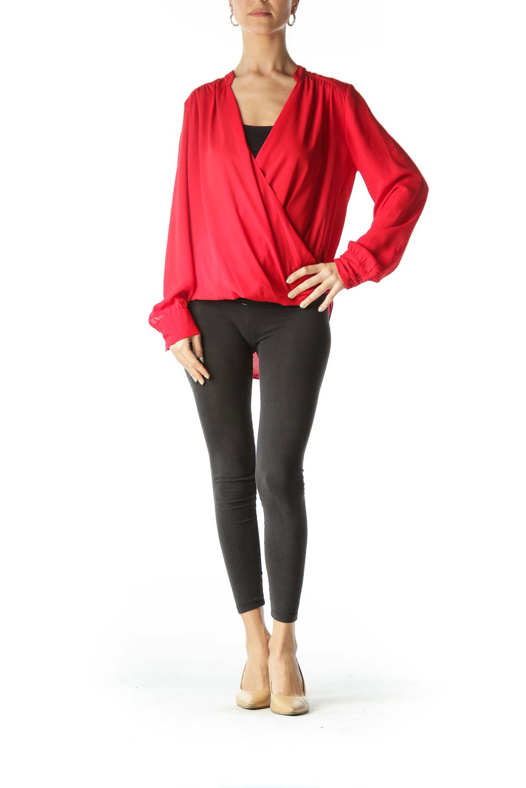 Red Sheer Draped Long Sleeve Blouse