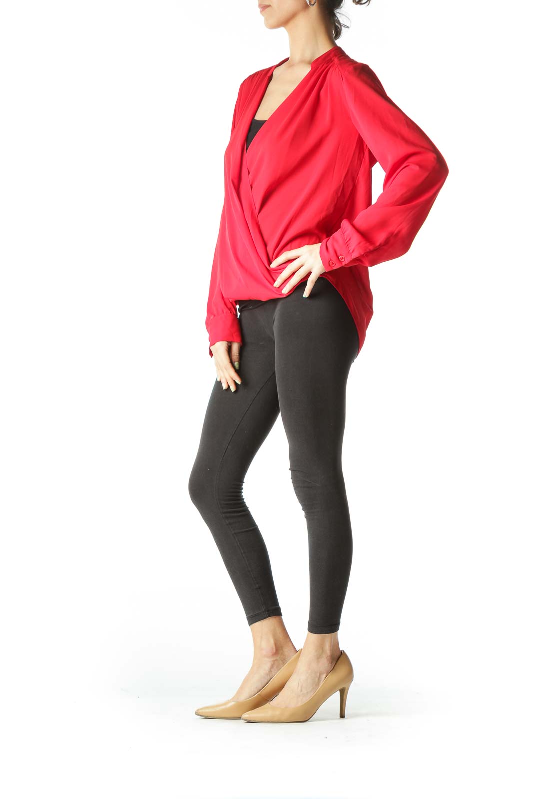 Red Sheer Draped Long Sleeve Blouse