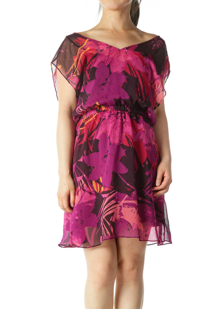 Multicolor Floral-Print Cinched-Waist Day Dress