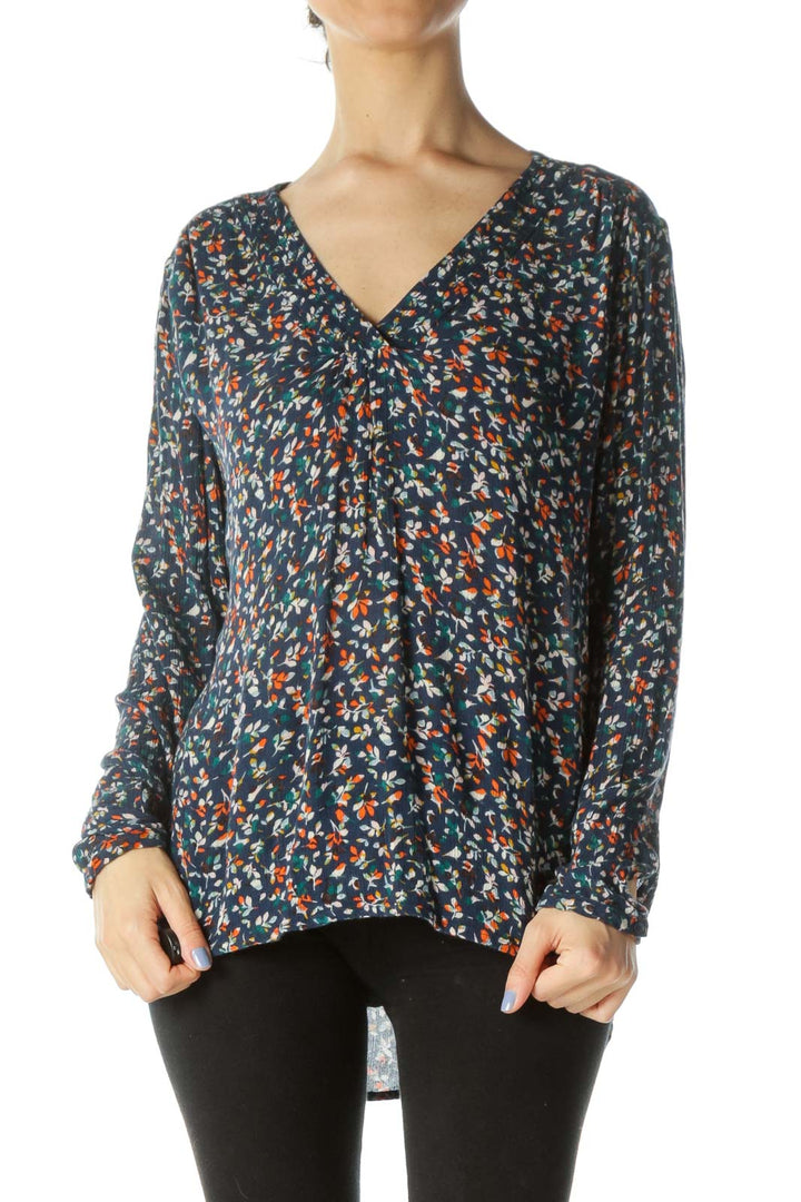 Navy Multi Floral V-neck Top