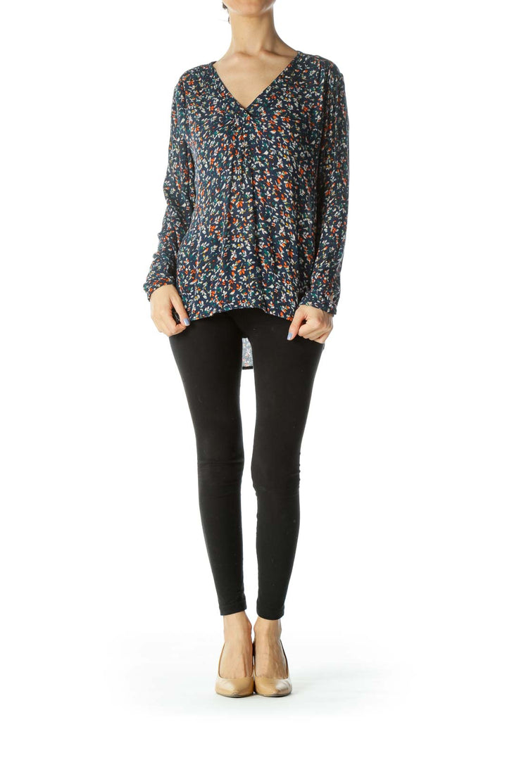 Navy Multi Floral V-neck Top