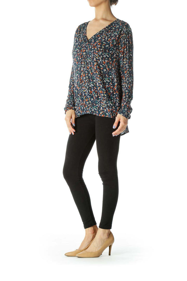 Navy Multi Floral V-neck Top