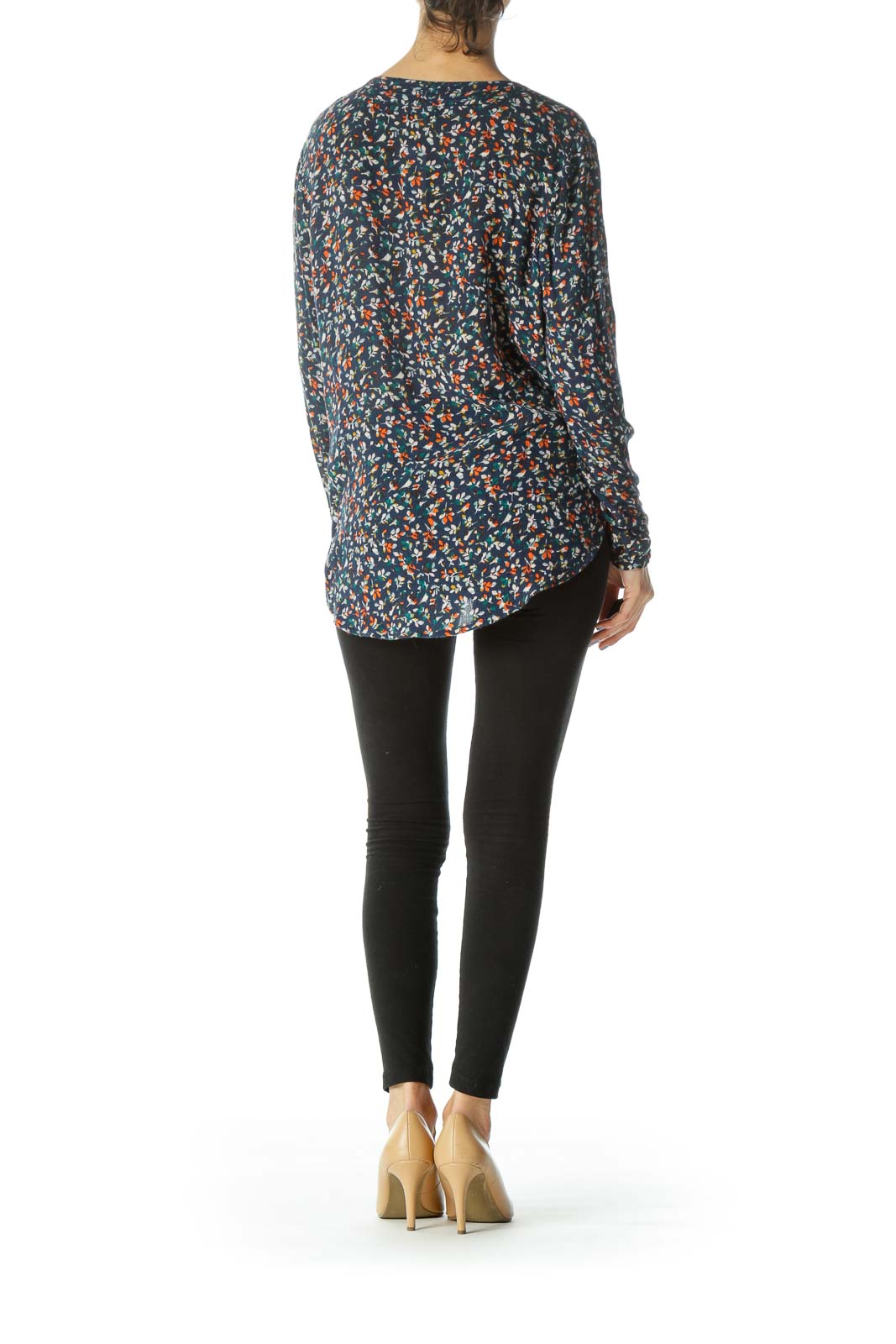 Navy Multi Floral V-neck Top