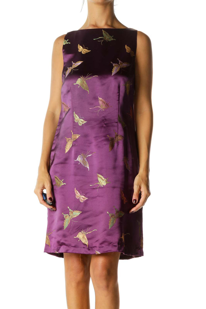 Purple Green Pin Butterfly Print Shiny Round Neck Sleeveless Dress