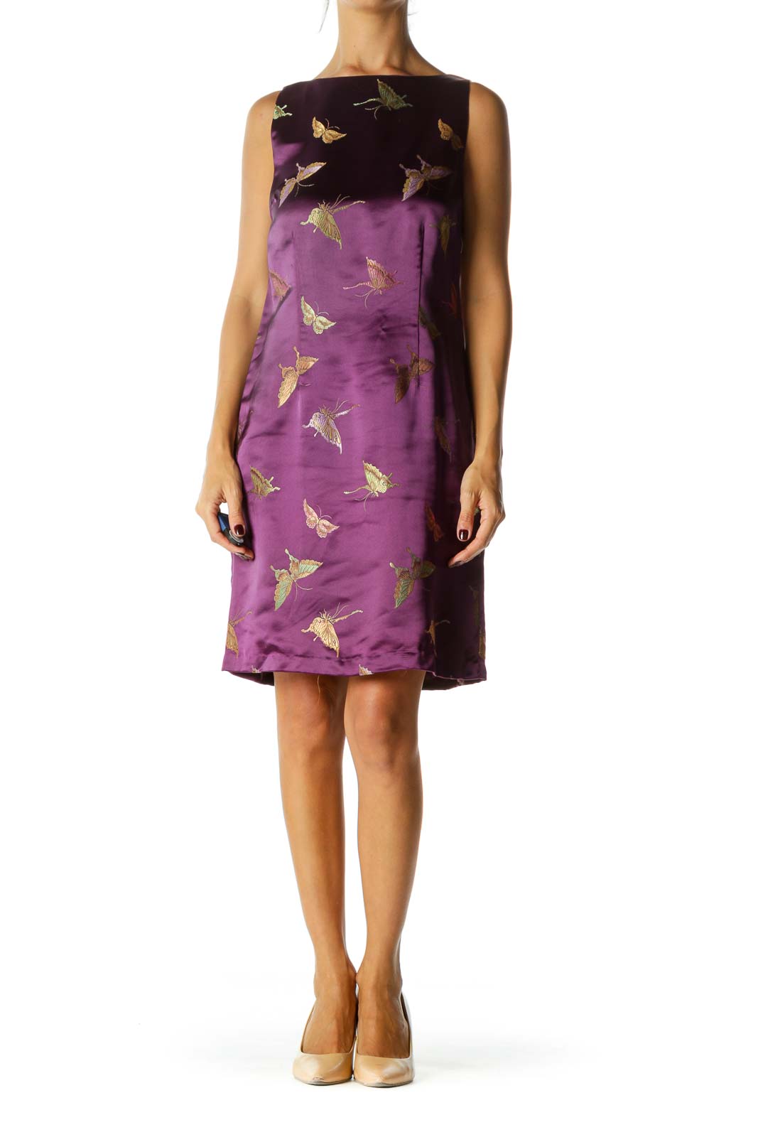 Purple Green Pin Butterfly Print Shiny Round Neck Sleeveless Dress