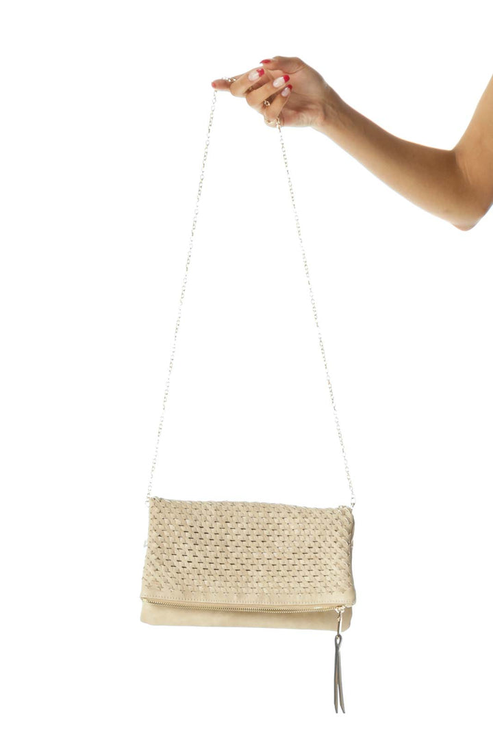 Beige Weaving Flap Detail Zippered Magnetic Closures Clutch