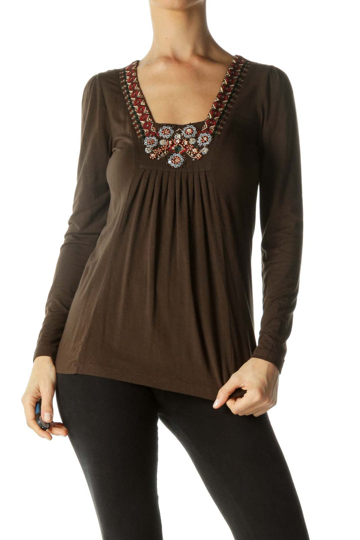 Brown Embroidered Bead Detail Long Sleeves Top