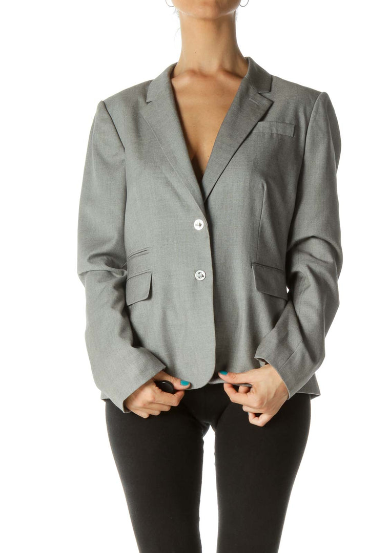 Gray Pocketed Clasp Buttoned Suit Jacket