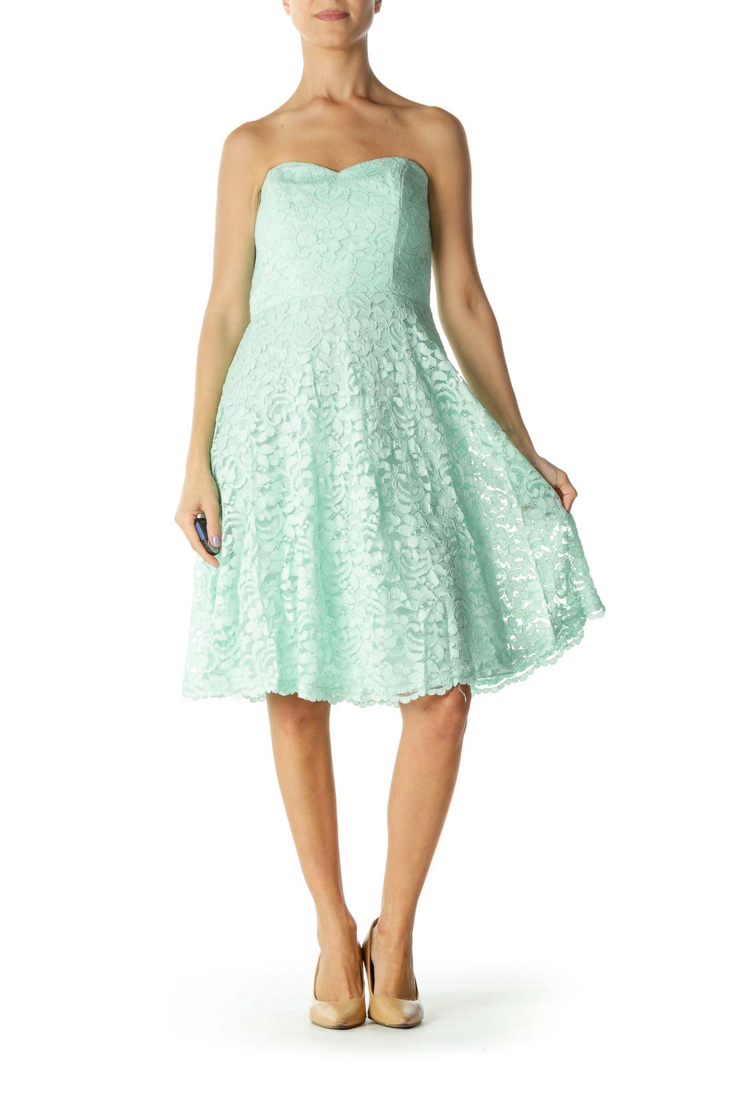 Mint Lace Floral Print Strapless Dress