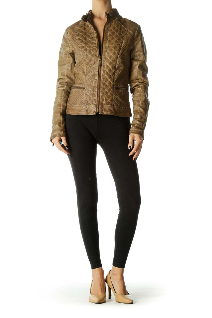 Brown Quilted Zippered Leather Jacket