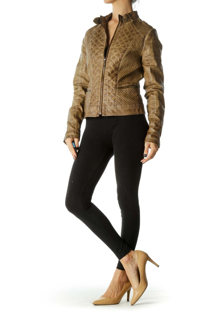 Brown Quilted Zippered Leather Jacket