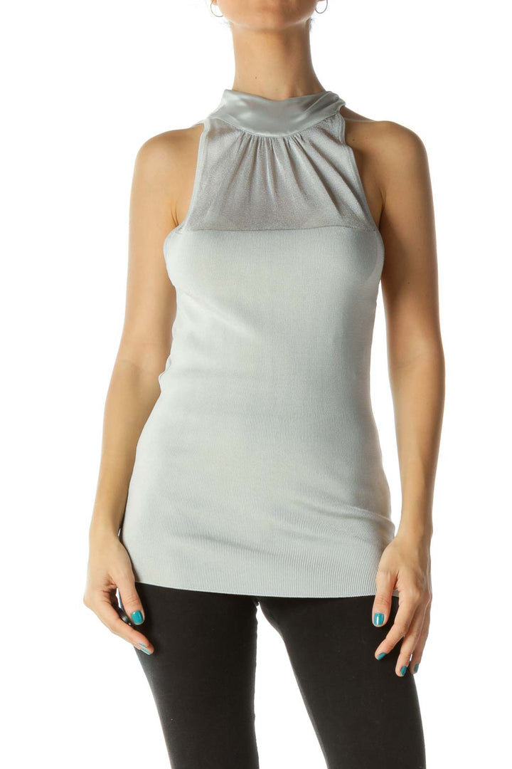 Silver Knit Mixed Media Neck Knot Top